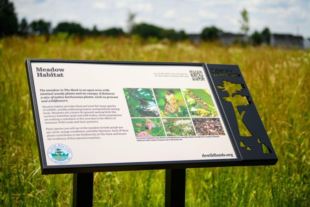 An interpretive sign titled "Meadow Habitat" offers information on plants and animals in a meadow seen behind the sign.